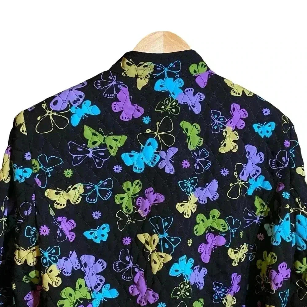 VGT Y2K REQUIREMENTS Women's Black Quilted Embroidered Butterfly Jacket Coat XL - Picture 5 of 14